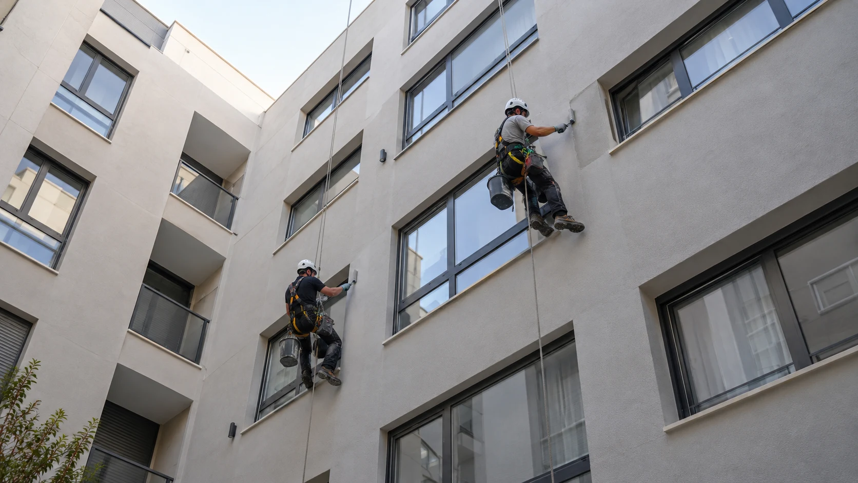 Equipo reparando fachada de comunidad